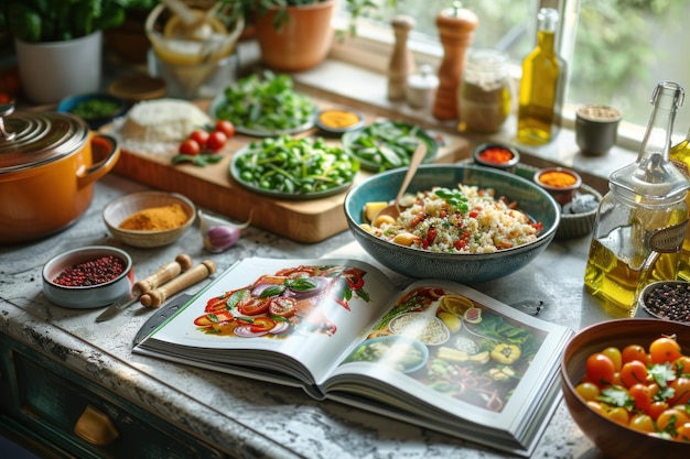 Stôl s jedlom a receptami